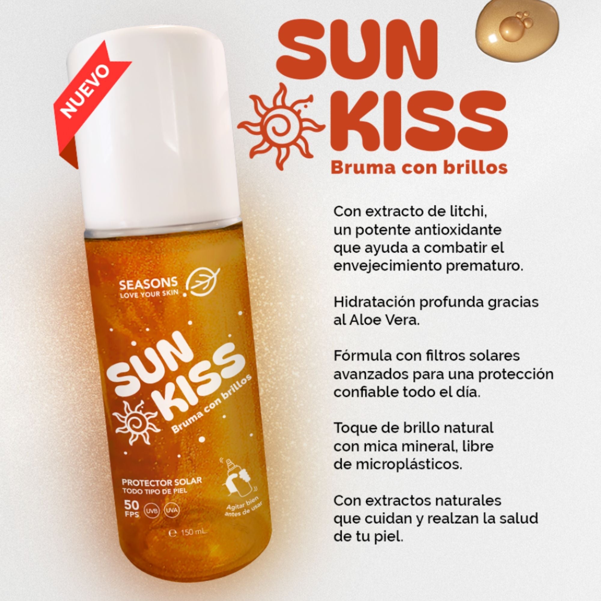 Protector solar FPS50 Sun Kiss Bruma con brillos 150 ml - Seasons Love Your Skin