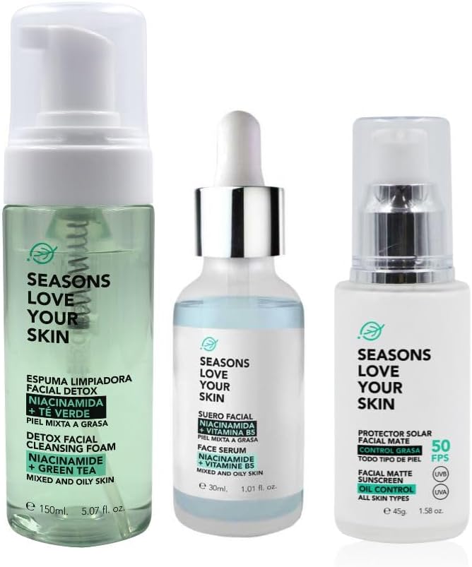 Tratamiento Control grasa: Limpiador Facial en Espuma Detox + Serum Facial Niacinamida + Protector Solar FPS 50 Efecto Mate