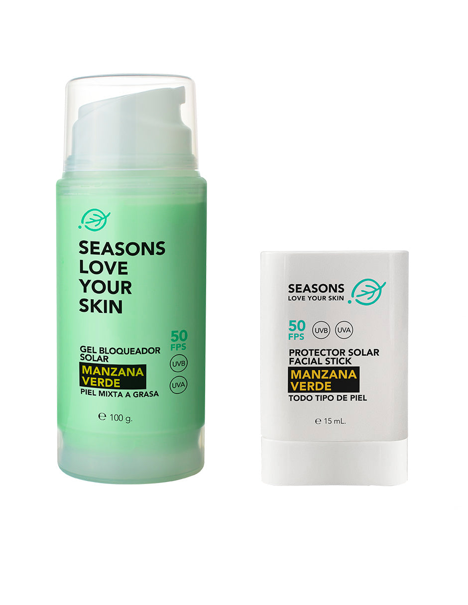 Seasons Kit Protector Solar Manzana Verde FPS 50  Bloqueador Facial 100 g + Stick Retoque 15 ml - Seasons Love Your Skin