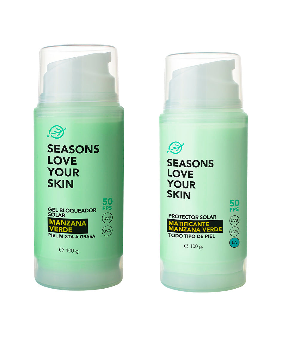 Seasons Kit Protector Solar Manzana Verde FPS 50 | Bloqueador Hidratante + Fórmula Matificante 100 - Seasons Love Your Skin