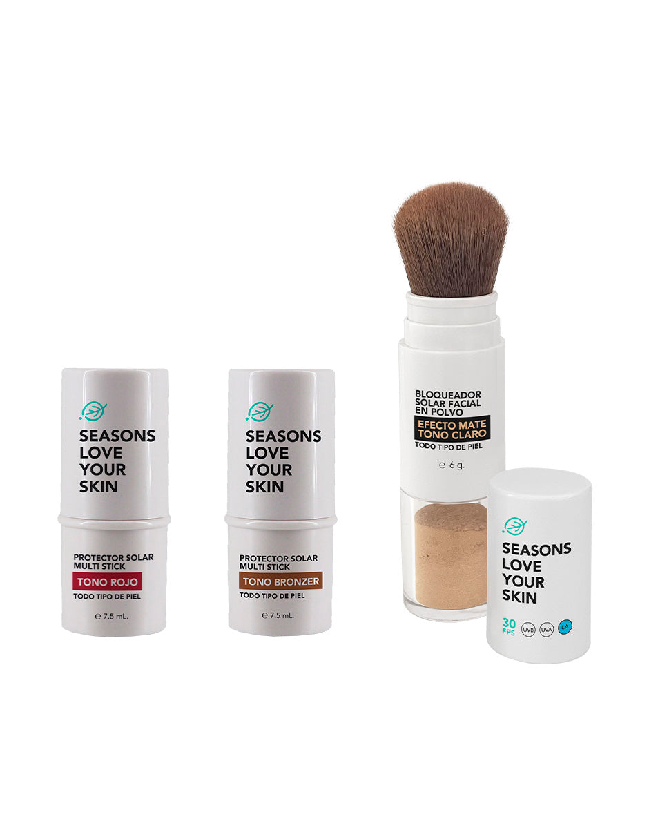 Seasons Kit Protección Solar con Color FPS 50 | Sticks Rojo + Bronzer + Polvo Matificante Tono Medio - Seasons Love Your Skin