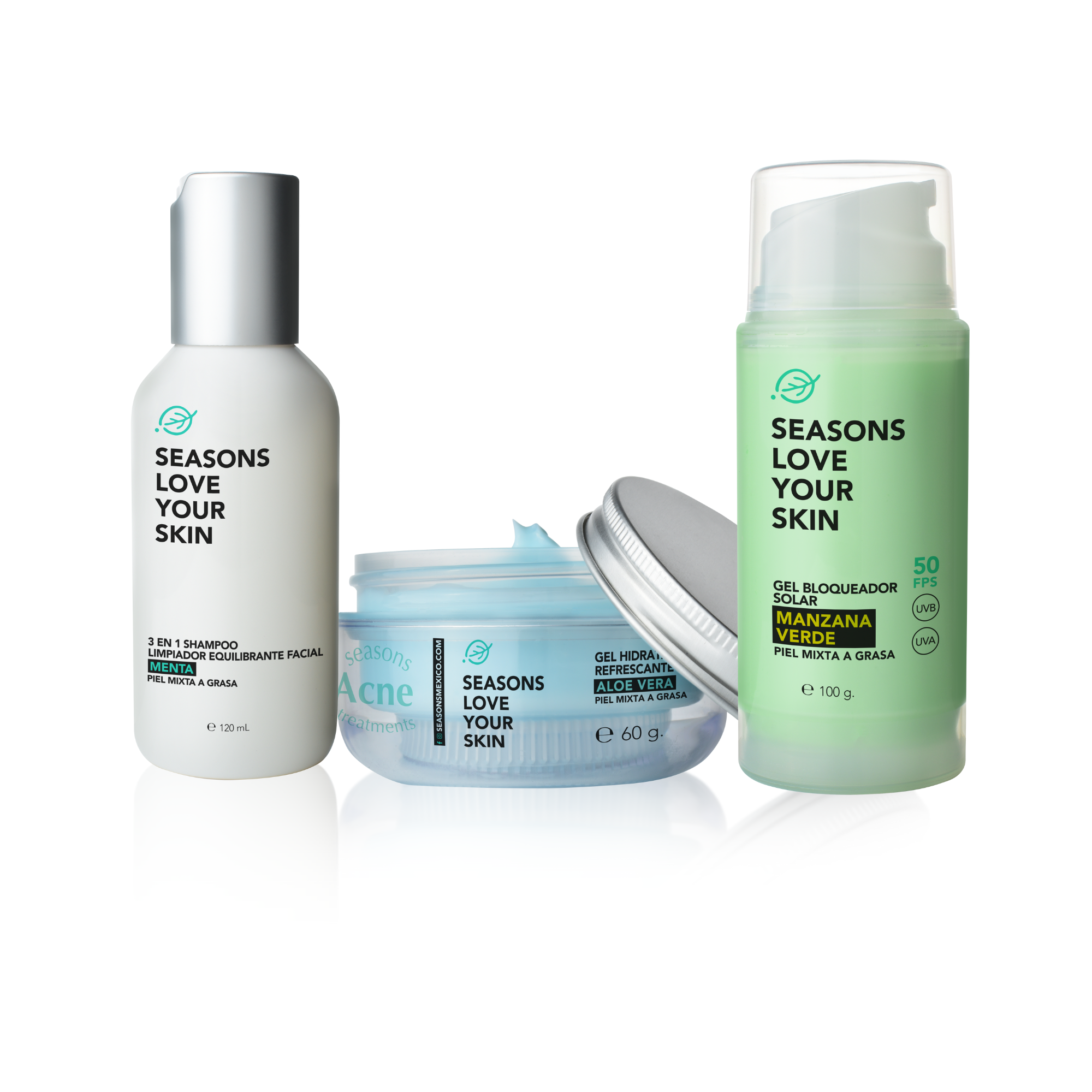 Tratamiento Facial Equilibrante: Shampoo 3 en 1 Menta + Gel Hidratante Aloe Vera + Bloqueador Manzana Verde | Seasons Love Your Skin - Protección & Hidratación
