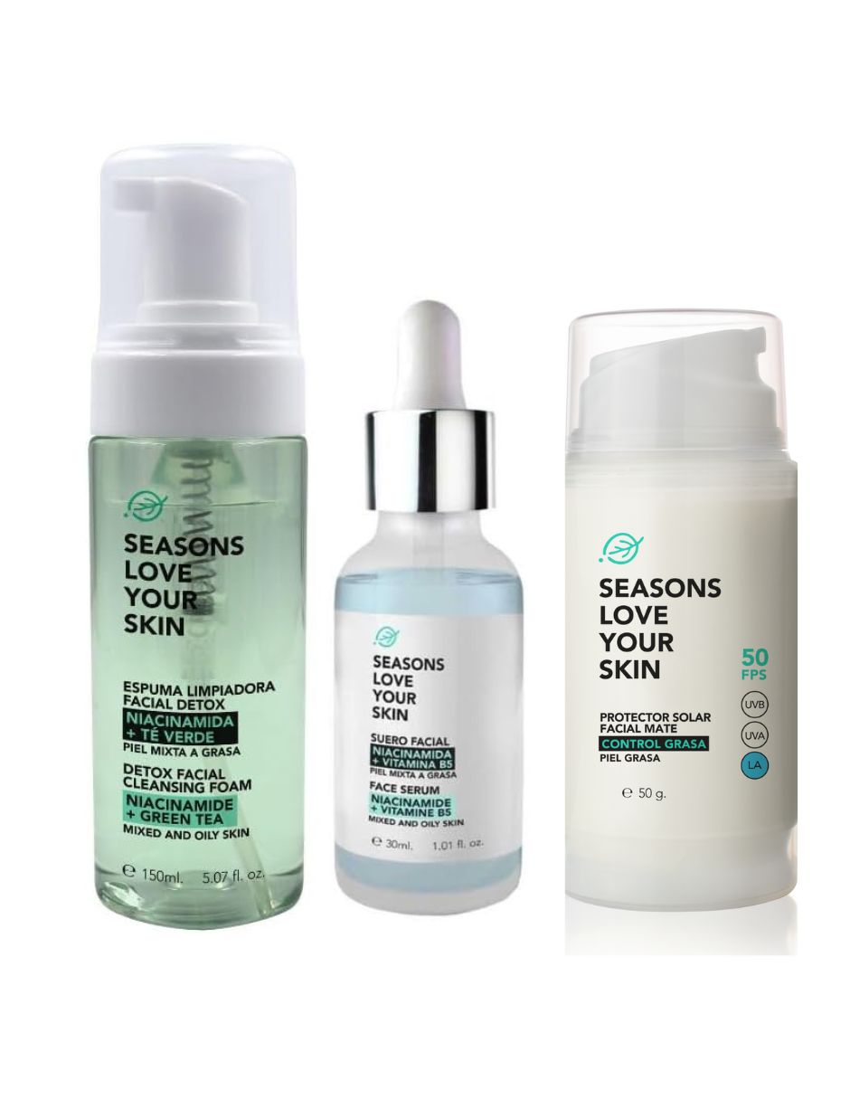 Tratamiento Control grasa: Limpiador Facial en Espuma Detox + Serum Facial Niacinamida + Protector Solar FPS 50 Efecto Mate - Seasons Love Your Skin